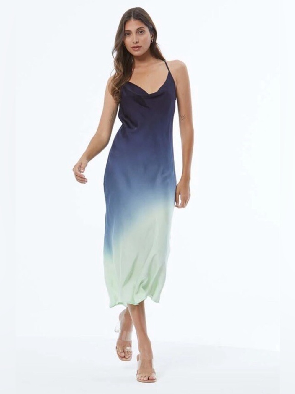 YFB SWEETIE SLIP DRESS Green Fig Navy Blue Ombré Midi Dress M